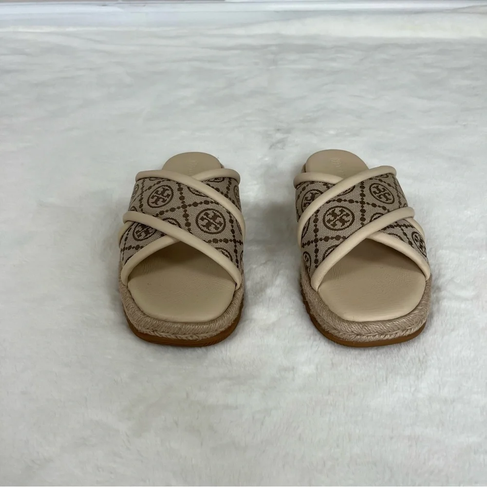 NWOT TORY BURCH T MONOGRAM CRISSCROSS ESPADRILLE SLIDES SIZE 8.5 - Picture 15 of 16